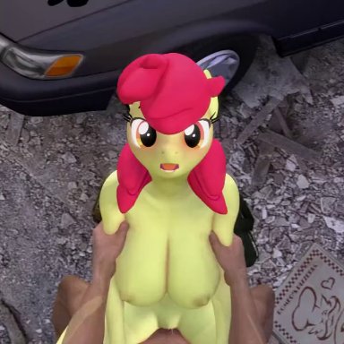 friendship is magic, hasbro, mlp, my little pony, apple bloom (mlp), fishimira, 1boy, 1girl, 1girls, anthro, areola, beer bottle, bottle, bouncing breasts, car