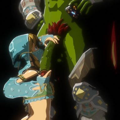 nintendo, the legend of zelda, ganondorf, link, abs, armor, armwear, big dom small sub, big penis, blonde hair, buttplug, cape, clothed, clothing, crop top