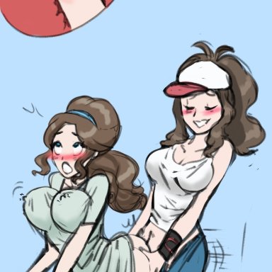 pokemon, pokemon bw, hilda (pokemon), mother (pokemon bw), timidbirb, 1futa, 1girls, ahe gao, bent over, blue eyes, bottomless, breasts, brown hair, clothed, clothing