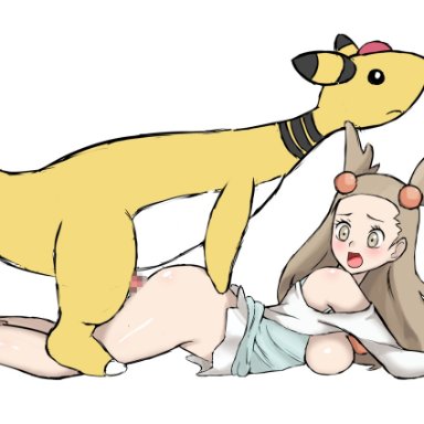 game freak, nintendo, pokemon, pokemon (game), ampharos, jasmine (pokemon), pokemon (species), nivi, breasts, breasts out, clothed, clothing, female, female on feral, feral