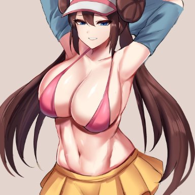 nintendo, pokemon, pokemon bw2, rosa (pokemon), edboydraws, 1girls, armpits, arms behind head, arms up, belly button, bikini top, blue eyes, breasts, brown hair, female