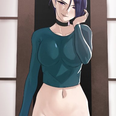 fire emblem, fire emblem: three houses, nintendo, shamir nevrand, pomelomelon1, 1girls, bare thighs, biting lip, blue hair, bottomless, breasts, choker, collarbone, door, exposed pussy