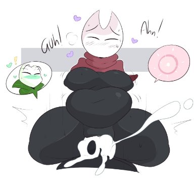 hollow knight, hornet (hollow knight), kilinah, !, &lt;3, 1boy, 1girls, arms behind back, belly, big belly, big breasts, big penis, black body, blush, bouncing breasts