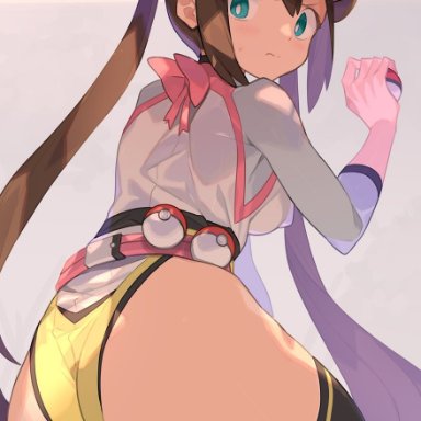 pokemon, pokemon bw, rosa (pokemon), spring2013, blue eyes, brown hair, double bun, embarrassed, holding object, leotard, long hair, looking at viewer, looking back, mad, on knees