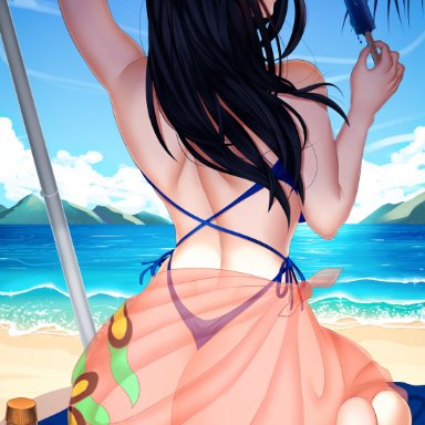 one piece, nico robin, rezeharu, 1girls, ass, back view, beach, big ass, big butt, black hair, bubble ass, bubble butt, butt, dat ass, detailed background