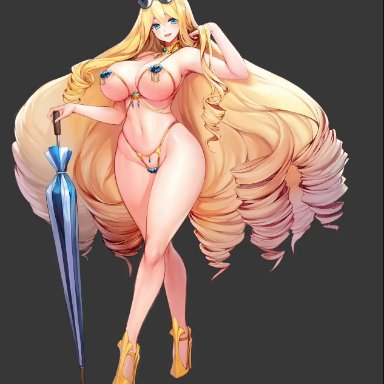 last origin, charlotte (last origin), snowball22, 1girls, child bearing hips, curvy, high heels, hourglass figure, huge breasts, long hair, skindentation, umbrella, venus bikini, 2d, animated