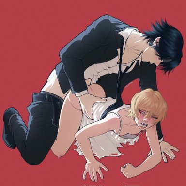 hunter x hunter, chrollo lucilfer, kurapika, ren valentine, 2boys, ass, black hair, blonde hair, blush, clothed, clothed sex, collarbone, crying, doggy style, drooling