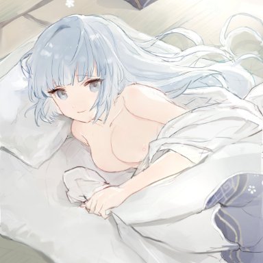 genshin impact, kamisato ayaka, dal-gi, 1girls, aqua eyes, aqua hair, areolae, bare shoulders, big breasts, blanket, blanket grab, breasts, completely nude, cute, eyelashes