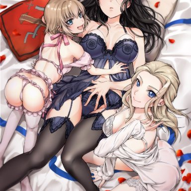 girls und panzer, clara (girls und panzer), katyusha, nonna, komekueyo, 3girls, all fours, arm support, ass, ass cleavage, babydoll, bare shoulders, bed, black hair, black legwear