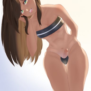 nyaru, dvil tian, 1futa, bent over, breasts, brown hair, clothed, clothing, dark skin, dickgirl, futa only, futanari, green eyes, human, light-skinned futanari