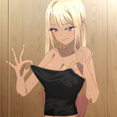 sono bisque doll wa koi wo suru, kitagawa marin, bangs, bare shoulders, black shirt, blonde hair, breasts, cleavage, collarbone, dark-skinned female, dark skin, eyebrows visible through hair, female, gyaru, large breasts