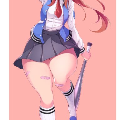 doki doki literature club, river city girls, kyoko (kunio-kun), maullarmaullar, alternate costume, baseball bat, bottom heavy, cosplay, not porn, peace sign, school uniform, thick thighs, tie, wide hips, wink