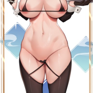 hololive, hololive english, ouro kronii, unbeller, 1girls, areola, areola slip, belly, big breasts, blue eyes, blush, bow, breasts, bunny ears, champagne