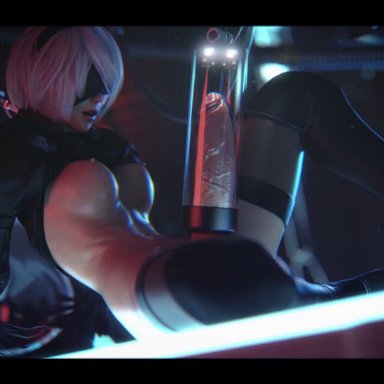 nier, nier: automata, yorha 2b, forged3dx, 1futa, areolae, balls, big penis, blindfold, breasts, breasts out, cock miking, cum, cumshot, ejaculation