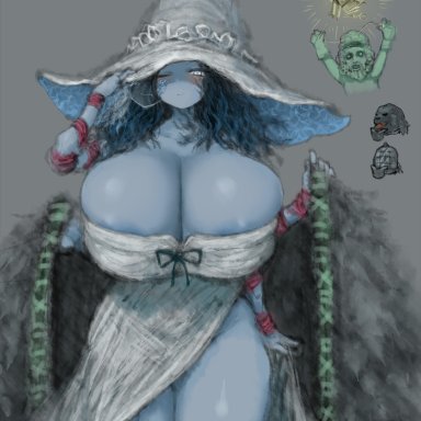 elden ring, ranni the witch, 2b213, 1girls, areola, areola slip, areolae, big breasts, blue hair, blue skin, blush, breasts, dress, four arms, grey background