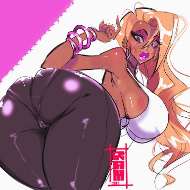 ramslammy, 1girls, arm up, beauty mark, bent arm, bent over, big lips, bimbo, bimbofication, black pants, blonde hair, bracelet, bracelets, choker, dark skin