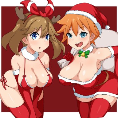 christmas, game freak, nintendo, pokemon, pokemon rgby, pokemon rse, kasumi (pokemon), may (pokemon), misty (pokemon), hagarza p, 2girls, big breasts, blue eyes, breasts, brown hair