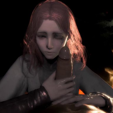 elden ring, melina (elden ring), dnnsfw, 1girls, campfire, closed eyes, clothed female nude male, emotionless, facial tattoo, handjob, looking at viewer, penis, pink hair, pov, 3d