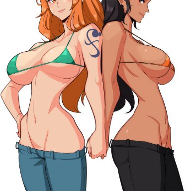 one piece, nami, nico robin, alecto 0, 2girls, ass, back to back, big breasts, bikini top, black hair, breasts, brown eyes, curvy, female, female only