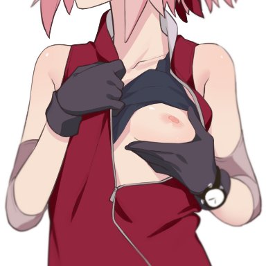 naruto, naruto (series), naruto shippuden, sakura haruno, morisobo, 1girls, bare shoulders, blush, breast grab, breast hold, breast lift, breasts, breasts out, clothed, clothed female