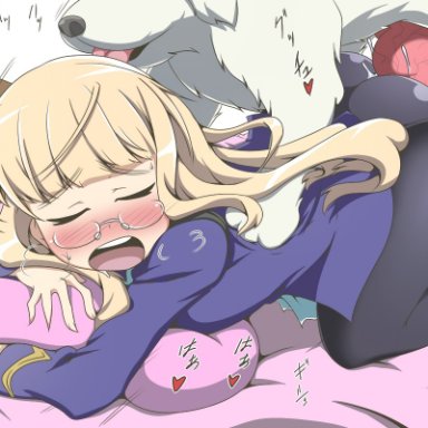 strike witches, world witches series, perrine h. clostermann, kani club, all fours, animal, bed, blonde hair, blush, buttjob, canine, closed eyes, clothed sex, doggy style, female