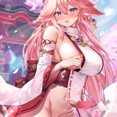 genshin impact, yae miko, eric (tianqijiang), animal ears, bangs, bare shoulders, blurry, blurry background, blush, breasts, cherry blossom print, cherry blossoms, day, detached sleeves, earrings