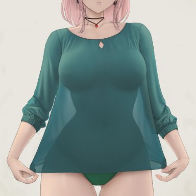 chloe (sciamano240), original character, mirco cabbia, sciamano240, 1girls, blush, choker, earrings, female, green shirt, heart, pink eyes, pink hair, shy girl, shyness