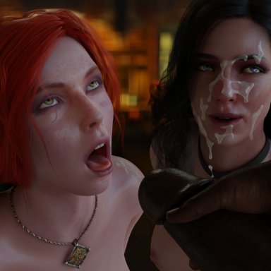 the witcher (series), triss merigold, yennefer, zer0g0d, 1boy, 2girls, big penis, cum, cum on face, dark-skinned male, dark skin, female, interracial, male, red hair