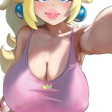 mario (series), super mario bros., princess peach, noblood, 1girls, bare shoulders, big breasts, blonde hair, blue eyes, blush, breasts, chubby, cleavage, clothed, clothing