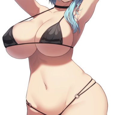 genshin impact, eula (genshin impact), samegami, 1girls, armpits, arms behind head, arms up, asymmetrical hair, bikini, black bikini, blue hair, blush, breasts, embarrassed, female