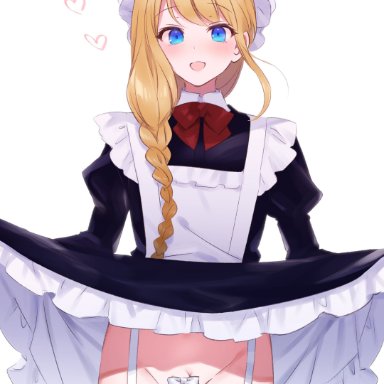 copyright request, character request, +++ (artist), 1boy, :d, blonde hair, blue eyes, blush, bow, braid, clothes lift, dress, dress lift, eyebrows visible through hair, femboy