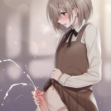 original, +++ (artist), 1boy, blurry, blurry background, blush, brown eyes, brown skirt, clothes lift, collared shirt, cowboy shot, cum, ejaculation, erection, femboy