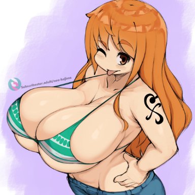 one piece, nami, neo hajime, 1girls, big breasts, breasts, female, hand on hip, huge breasts, one eye closed, orange eyes, orange hair, pants, shortstack, smaller female