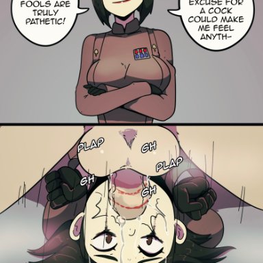 star wars, imperial officer, hasselnut, wolfgang bang, 1boy, 1girls, balls, black eyes, black hair, crossed arms, dubious consent, face fucking, female, instant loss 2koma, lipstick mark