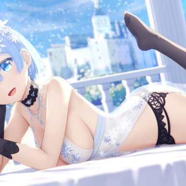 rem (re:zero), goribote, 1girls, arm gloves, armwear, ass cleavage, black thighhighs, blue eyes, blue hair, butt crack, choker, female only, garter belt, large breasts, looking at viewer