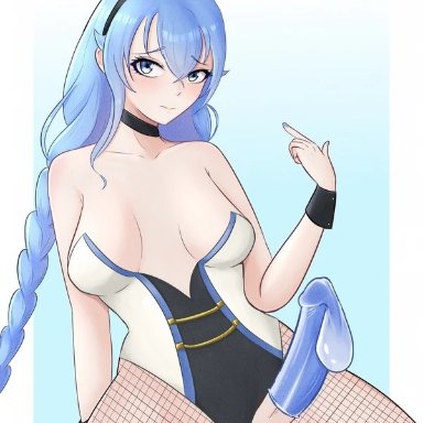 mushoku tensei, roxy migurdia, gibb san, 1futa, aqua eyes, aqua hair, big penis, bunny ears, bunnysuit, choker, clothed, clothing, condom, condom on penis, cum