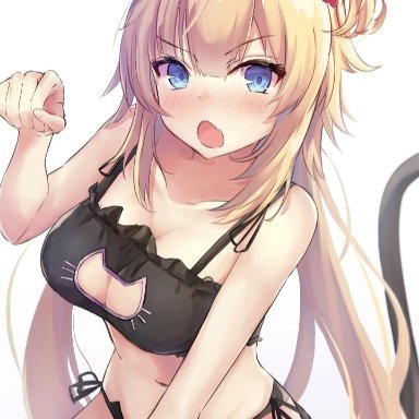 hololive, akai haato, 1girls, angry, ass, bangs, belly button, big ass, big breasts, black fur, black lingerie, black tail, blonde ears, blonde fur, blonde hair