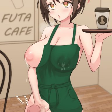 yoshiwo, 1futa, apron, apron aside, areolae, balls, big breasts, big penis, breasts, cafe, clothed, clothing, cum, cum in container, cumshot