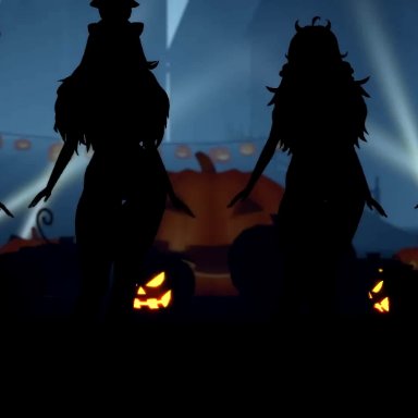 halloween, rwby, blake belladonna, emerald sustrai, glynda goodwitch, yang xiao long, jic jic, black hair, blonde, blue hair, bouncing breasts, bunny ears, cat ears, dancing, demon horns