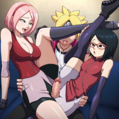 boruto: naruto next generations, naruto, naruto (series), sakura haruno, sarada uchiha, uzumaki boruto, reit, 1boy, 2girls, black hair, clothed female, clothed sex, daughter, faceless male, grinding