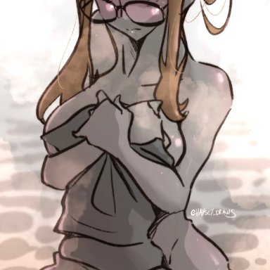 atlus, persona, persona 5, sakura futaba, haysey draws, 1girls, arm support, bangs, bare shoulders, bath towel, bathing, blush, breasts, closed mouth, collarbone