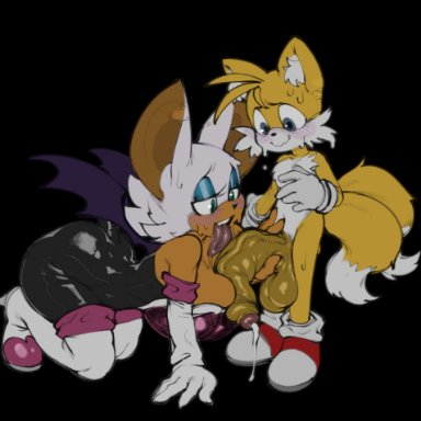 sega, sonic (series), rouge the bat, tails, eigaka, anthro, ass, balls, bent over, big breasts, big penis, blush, breasts, canid, canine