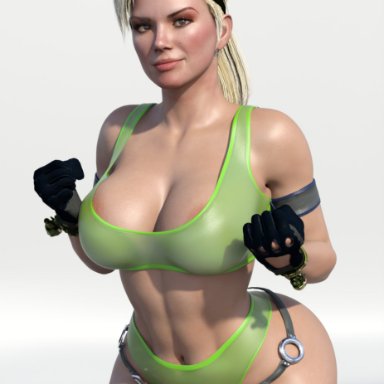 mortal kombat, sonya blade, rude frog, 1girls, abs, areola slip, areolae, blonde hair, breasts, brown eyes, cleavage, female, female only, large breasts, muscular