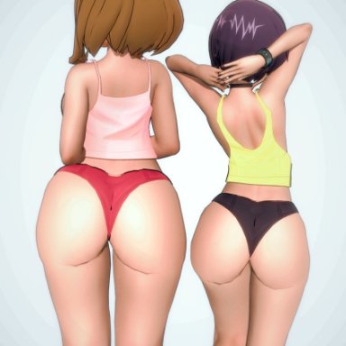 koikatsu, my hero academia, kyoka jiro, ochako uraraka, jajo14, 2girls, arms up, ass, ass focus, back view, black panties, brown hair, bubble ass, bubble butt, camisole