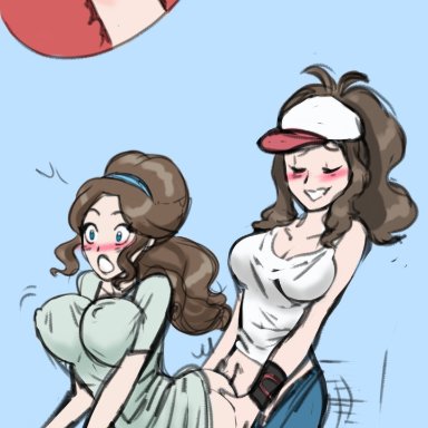 pokemon, pokemon bw, hilda (pokemon), mother (pokemon bw), timidbirb, 1futa, 1girls, bent over, bottomless, breasts, brown hair, clothed, clothed sex, clothing, duo