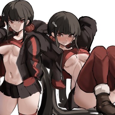 danganronpa, danganronpa v3, danganronpa v3: killing harmony, harukawa maki, rakeemspoon, 1girls, alternate breast size, asian, asian female, bangs, beauty mark, big breasts, black jacket, black skirt, blunt bangs