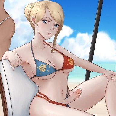 black clover, charlotte roselei, sol marron, gibb san, 1futa, 1girls, agitated, beach, beach umbrella, big breasts, bikini, bikini bottom, bikini top, blonde hair, blue eyes