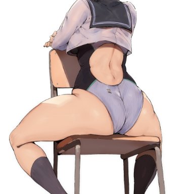original, alp, 1girls, ass, back view, kneesocks, short hair, simple background, sitting, swimsuit, thick thighs, text