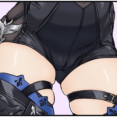 genshin impact, eula (genshin impact), henriiku (ahemaru), bewitching thighs, cameltoe, close-up, female, head out of frame, legs, lower body, pink background, simple background, skindentation, thick thighs, thigh gap
