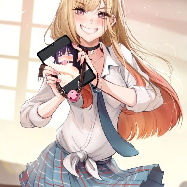 sono bisque doll wa koi wo suru, kitagawa marin, saneperson, 1girls, ball gag, blonde hair, choker, female, female only, gag, long hair, looking at viewer, red eyes, school uniform, shirt